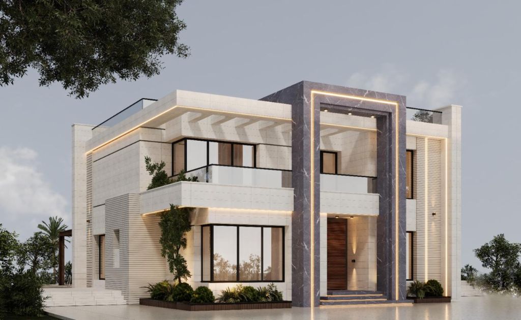 Modern luxury villa exterior with premium lighting
